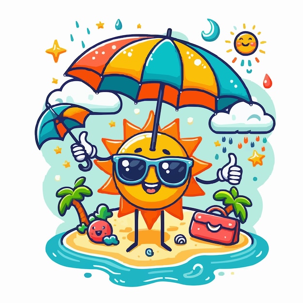Plik wektorowy szczęśliwe słońce emoji z parasolem w ręce 3d wektorowy baner z przestrzenią kopiowania