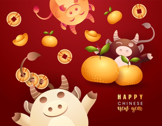 Plik wektorowy szczęśliwego chińskiego nowego roku wołu sztandar z zabawnym wołem trzymającym sztabkę juana złota i pomarańczową orientalną maskotkę