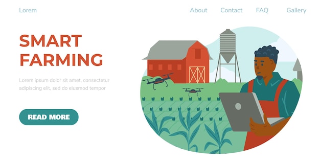 Plik wektorowy szablon strony internetowej inteligentnego rolnictwa z płaską ilustracją wektorową przedstawiającą rolnika kontrolującego drony