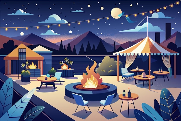 Plik wektorowy wyobraź sobie jedzenie na dachu pod gwiazdami z kominkami i przytulnymi miejscami do siedzenia tworzącymi magiczny klimat