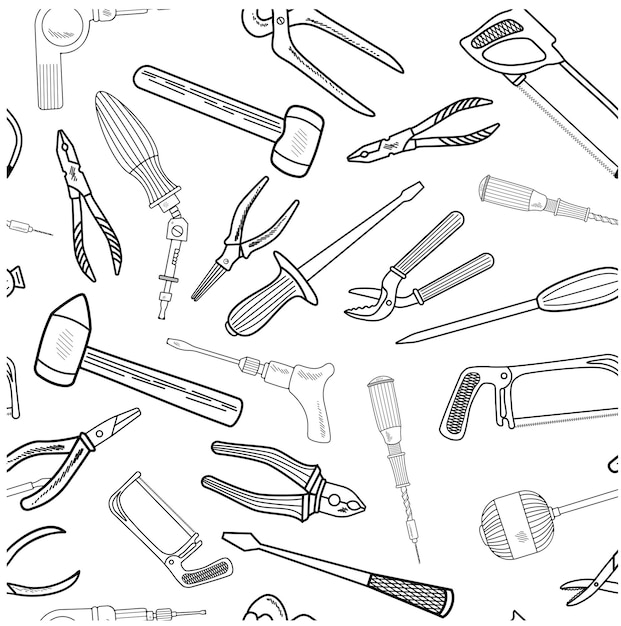 Wzór z ręcznie rysowane narzędzia pracy Kolekcja narzędzi ręcznych Ręcznie rysowana kreskówka różnych elementów szkicu młotek piła wiertło śrubokręt na białym tle ilustracji wektorowych