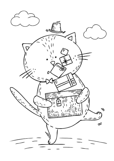 Plik wektorowy wektor kolorowanka ze śmiesznym kotem w kapeluszu niosącym wiele pudełek prezentów