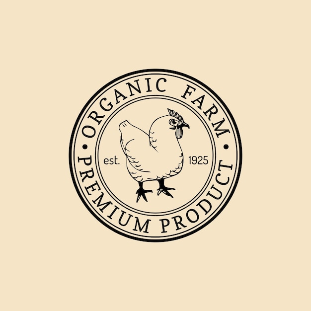 Wektor retro farma świeży logotyp. Logo produktów ekologicznych najwyższej jakości. Znak żywności ekologicznej. Ręka starodawny szkic ikona kura.