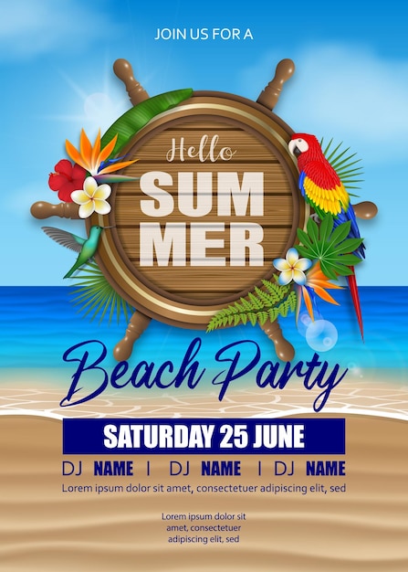 Plik wektorowy witam lato beach party plakat z tropikalnymi kwiatami i ptakami na tle plaży