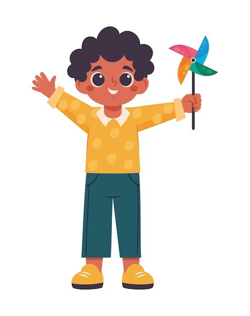 Plik wektorowy zabawny chłopiec z kreskówki bawiący się z ikoną zabawki odizolowany