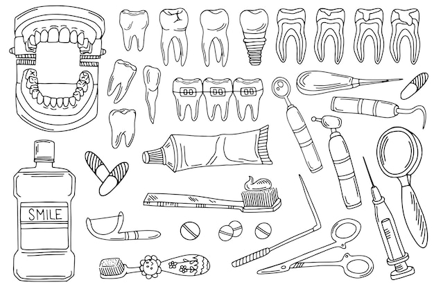 Zestaw dentystyczny Zęby protezy ortodontyczne instrumenty dentystyczne w stylu Doodle