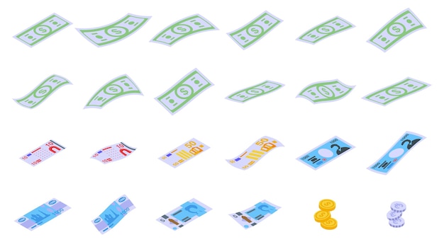 Plik wektorowy zestaw ikon banknotów z lotem wektor izometryczny spadający banknot