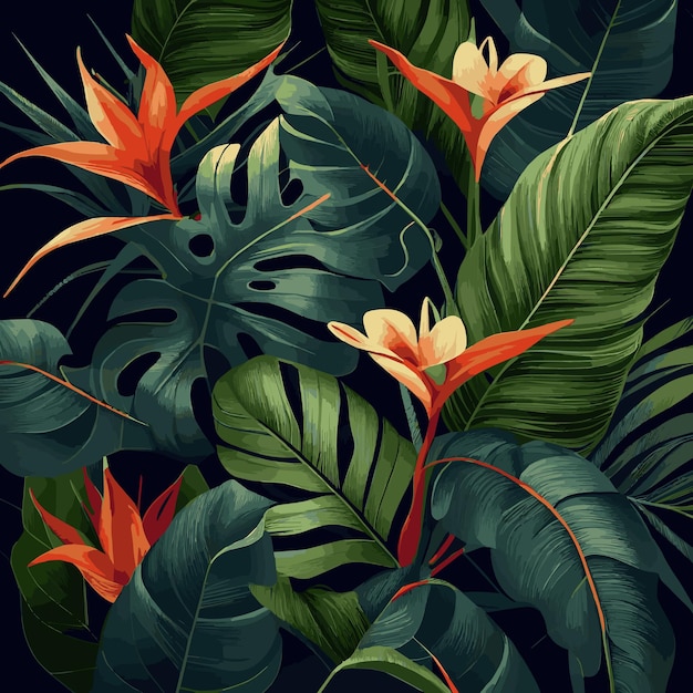 Plik wektorowy zielony las tropikalny tło monstera pozostawia liście palmowe gałęzie egzotyczne rośliny tło dla szablonu banera wystrój pocztówki abstrakcyjne liście i tapeta botaniczna wektor