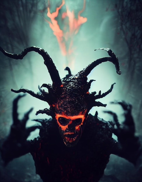 Zdjęcie mistyczny dziki przerażający demoniczny potwór z rogami sztuka koncepcyjna ilustracja 3d