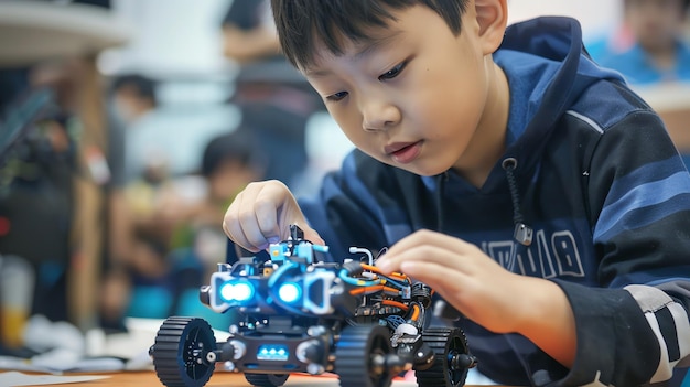 Zdjęcie młody chłopiec skupia się na budowie robota.