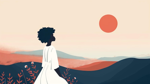 Młoda kobieta stojąca na polu kwiatów patrząca na góry ma na sobie białą sukienkę i włosy w pączku