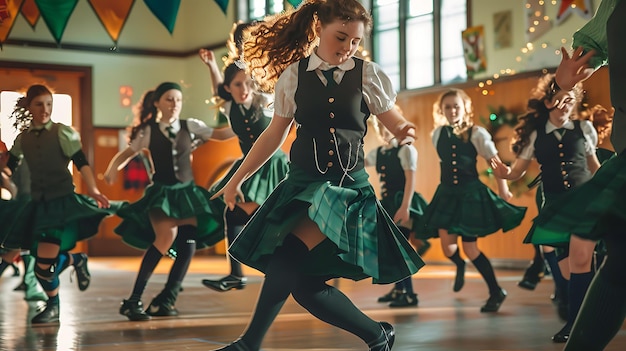 Zdjęcie młode dziewczyny w tradycyjnych irlandzkich kostiumach tańca wykonują żywą rutynę w jasno oświetlonym studiu