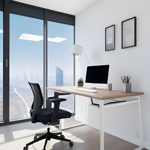 Nowoczesna, minimalistyczna przestrzeń biurowa z czystymi liniami, eleganckim, ergonomicznym krzesłem biurkowym i panoramą