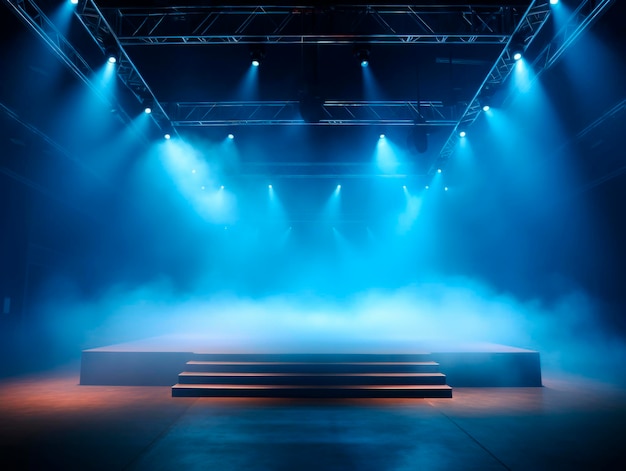Zdjęcie nowoczesna scena koncertowa z chłodnymi niebieskimi światłami i mgłą gotowa na spektakularny pokaz generatywna sztuczna inteligencja