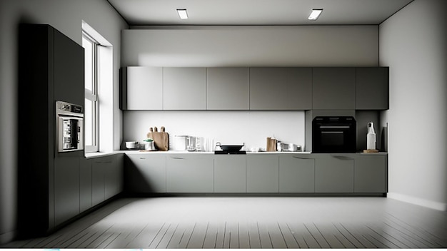 Nowoczesne wnętrze kuchni w domu z nowoczesnymi meblami z ilustracji 3D