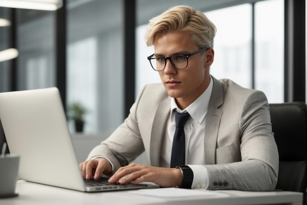 Zdjęcie biznesmen z fryzurą noszący modne okulary i białą koszulę i szary garnitur siedzi przy biurku i pracuje na laptopie w biurze sukces biznesowy praca koncepcje młodzieży