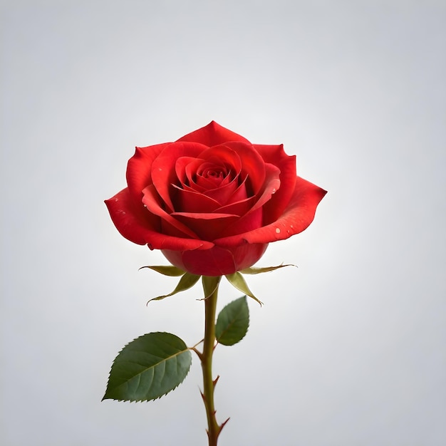 Czerwona róża z zielonymi liśćmi.