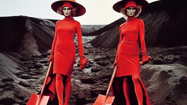 Zdjęcie dwie kobiety w czerwonych sukienkach z łopatą przed nimi.