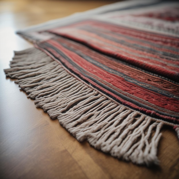 Zdjęcie dywan z czerwonym i czarnym pasem na nim siedzi na drewnianej podłodze