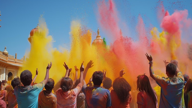 Zdjęcie festiwal kolorów wesołe święto z żywymi chmurami proszku holi