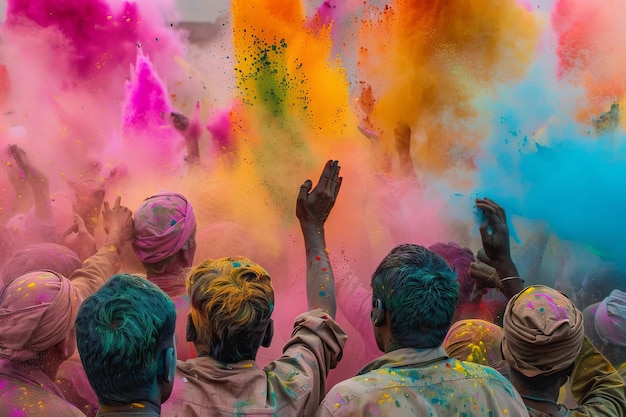 Zdjęcie grupa ludzi nosi kolorowe farby i świętuje.