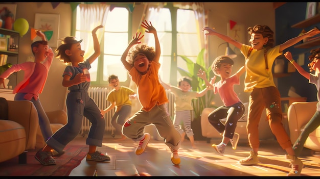 Zdjęcie grupa różnorodnych dzieci tańczy i skacze w jasno oświetlonym pokoju
