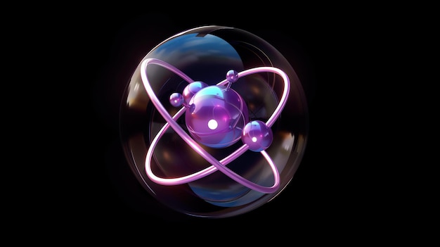 Zdjęcie ilustracja 3d atomu atom ma fioletowe jądro i trzy krążące wokół niego elektrony atom jest zamknięty w szklanej sferze