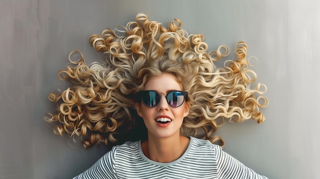 Zdjęcie kobieta z długimi kręconymi blond włosami leżąca na plecach w okularach przeciwsłonecznych