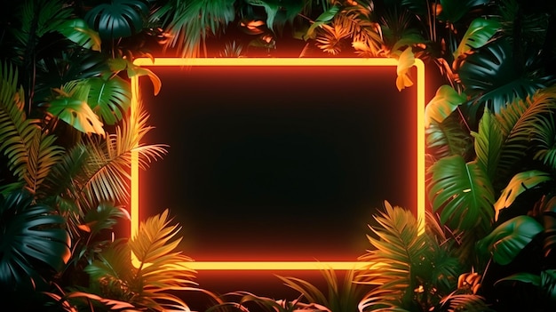 Zdjęcie pusta ramka z neonową poświatą i liśćmi palmowymi na ciemnym tle generative ai