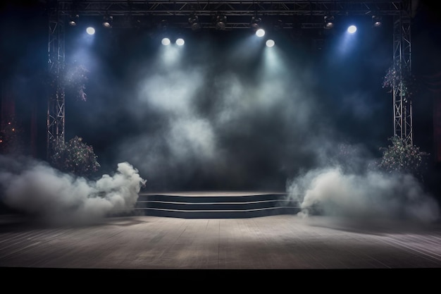 Zdjęcie pusta scena koncertowa z oświetlonymi reflektorami i dymem tło sceny z przestrzenią do kopiowania