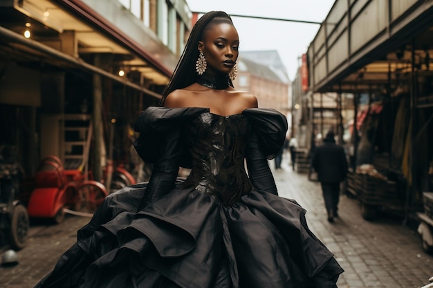 Zdjęcie piękna afrykańska modelka w modnej czarnej sukni pozowanej wśród historycznej ulicy