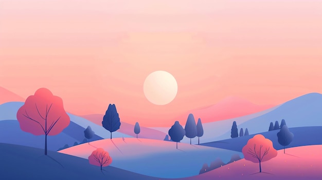 Piękny obraz krajobrazu zachodu słońca nad pasmem górskim Niebo jest gradientem różowego i fioletowego, a słońce jest jasnożółtym