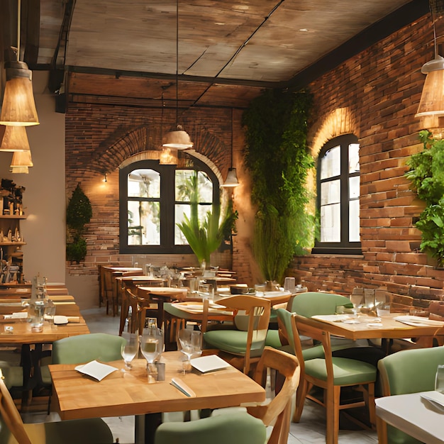 Zdjęcie restauracja z ceglaną ścianą i zielonymi krzesłami