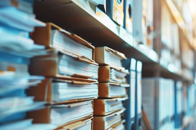 Zdjęcie stosy książek i dokumentów w bibliotece symbolizują badania wiedzy i zarządzanie informacjami