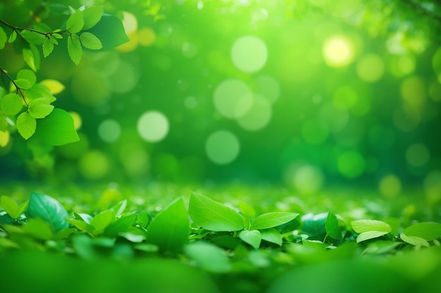 Zdjęcie Świeże i zielone liście zielone bokeh na przyrodzie abstrakcyjne rozmyte tło zielone bokeh z drzewa mock up do montażu wyświetlacza produktu banner lub nagłówek do reklamy w mediach społecznościowych wiosna i lato