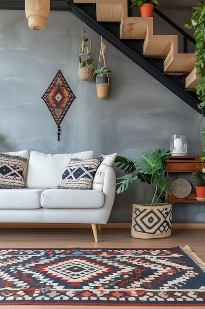 Zdjęcie salon z białą kanapą i dywanem