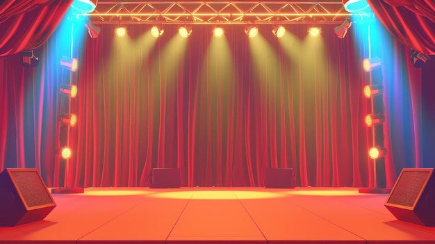 Zdjęcie scena na koncert lub pokaz z reflektorami, zasłonami i złotym łukiem z żarówkami nowoczesna ilustracja kreskówkowa pustej sceny na festiwal muzyczny lub konkurs talentów