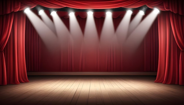 Zdjęcie scena teatralna z czerwonymi zasłonami i reflektorami szkołowa scena w jasnym tle
