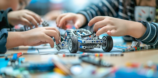 Zdjęcie skupione dziecko montuje robota w warsztacie technologicznym edukacja stem i kreatywność są tematem tego warsztatu