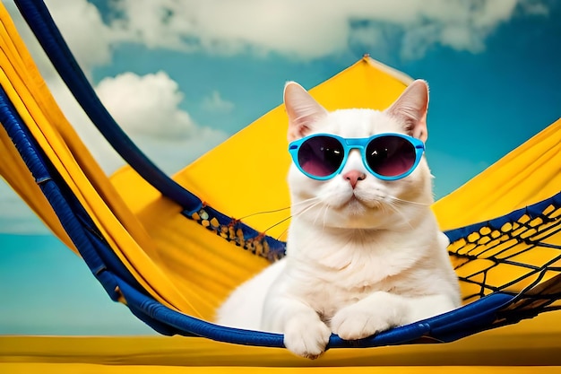 Śliczny biały kot brytyjski nosi okulary przeciwsłoneczne na hamaku z żółtej tkaniny na żółtym tle