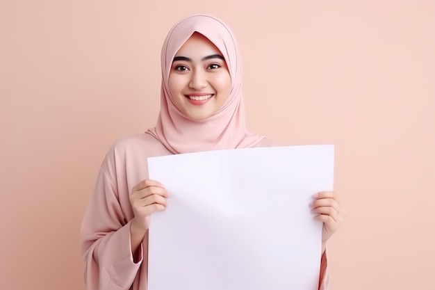 Uśmiechnięta Azjatka w hidżabie trzymająca pusty papier, wzmacniając przestrzeń dla twojej wiadomości