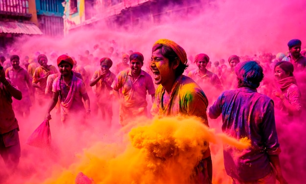 Zdjęcie w indiach ludzie tańczą podczas festiwalu holi selektywne skupienie
