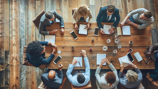 Zdjęcie z góry widok zróżnicowanej grupy profesjonalistów biznesowych siedzących wokół drewnianego stołu konferencyjnego na spotkaniu