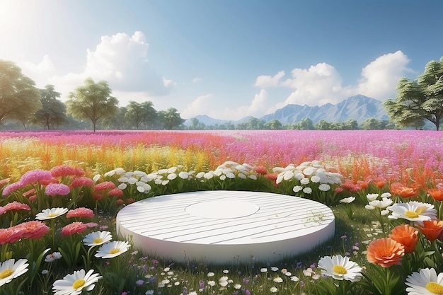 3D renderowanie białej platformy w polu kwiatów