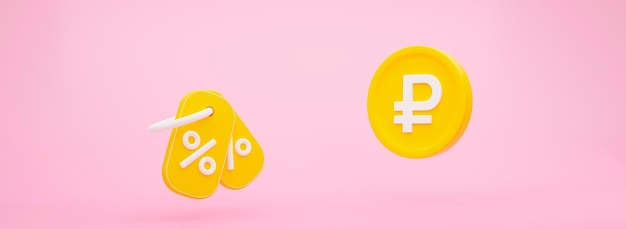 Фото 3d желтый купон и российский рубль на розовом фоне. продвижение ваших объявлений. 3d визуализация