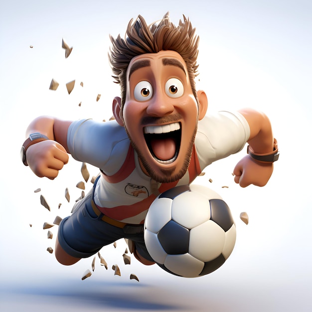 Foto 3d-illustratie van een cartoon voetballer die met een voetbal springt