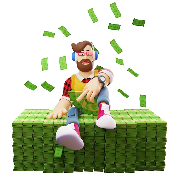 Фото 3d-иллюстрация 3d-мультфильм об успешном человеке с кучей денег, сидящим на куче денег