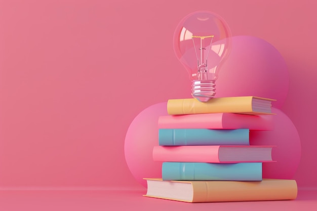Фото 3d-иллюстрация книг и лампочки образования и концепции знаний на фоне