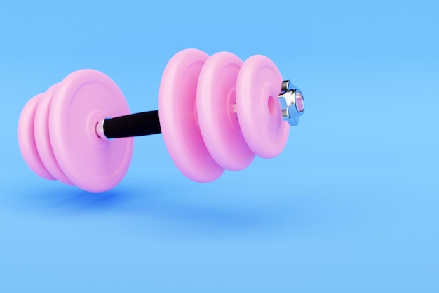 Фото 3d иллюстрация металлическая розовая гантель с дисками на синем фоне фитнес и спортивный инвентарь