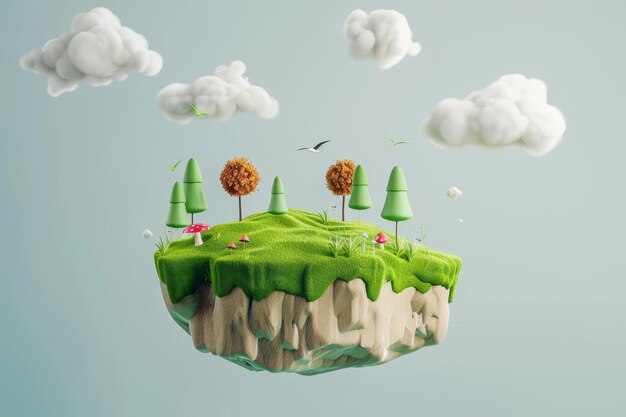 Фото 3d-иллюстрация 3d-карикатура 3d-реалистическая 3d-икона 3d-плавающий пейзаж с природными элементами и облаками